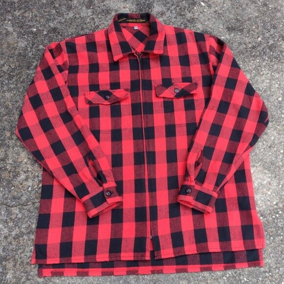 Vintage Girbaud Flannel Shacket Red Black Buffalo Plaid Zip USA Made Men M - Picture 2 of 9